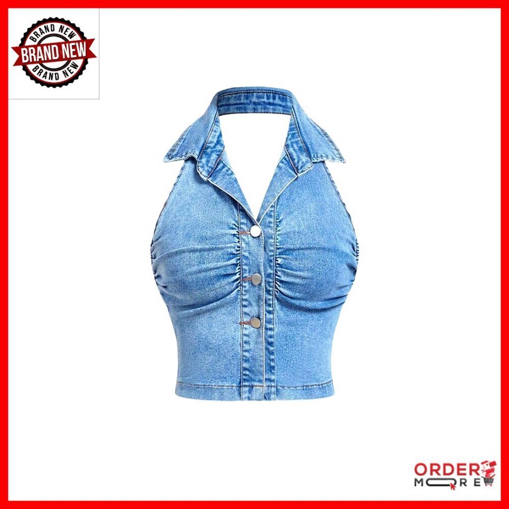 Plus Size Denim Halter Top Button Up Ruched Sleeveless Backless Chic Y2K